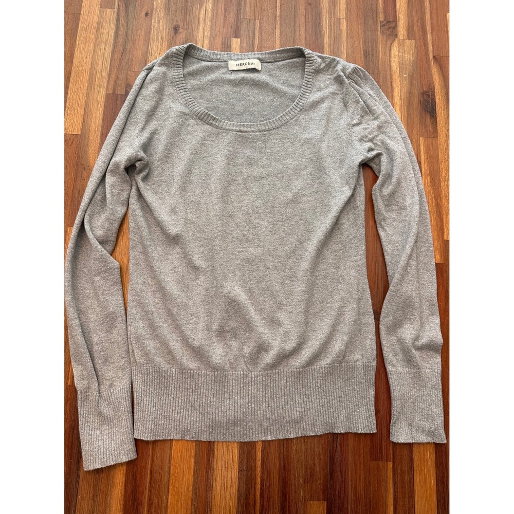 Merona Sweater Women Medium Gray Excellent Scoop Neck Puff Shoulder Knit